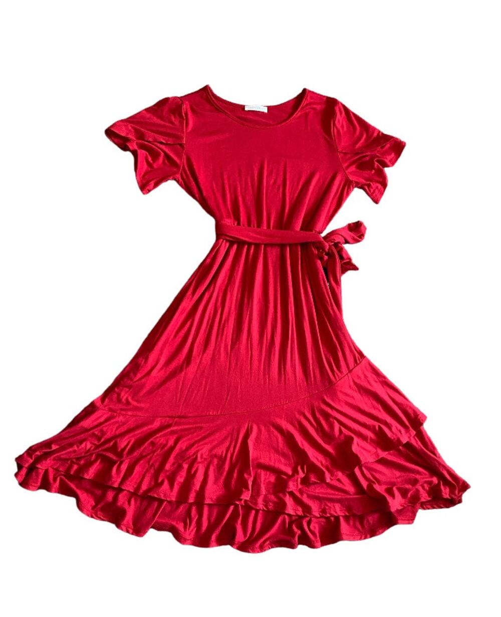 Reborn J Ruffle Hem Flutter Sleeve Tie Waist Short Sleeved Midi Dress Sz M NWOT